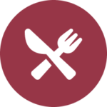 Tourisme Montérégie | Icône rond rouge vin avec fourchette et couteau blancs